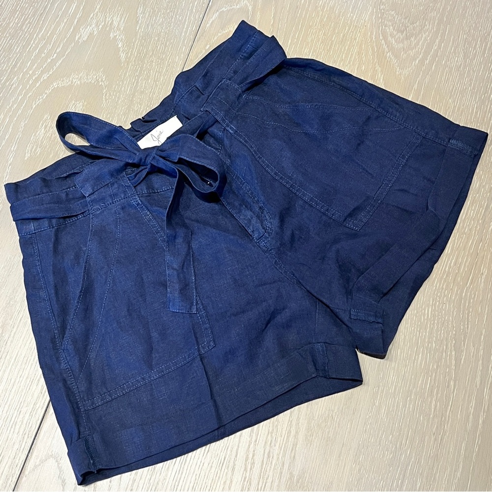 Joie Linen Shorts Women's Size 2 Navy Blue Tie Waist High Rise Cuffed 3” Inseam